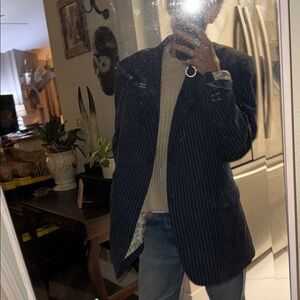 Navy Pinstripe Blazer with yellow linen blend size large